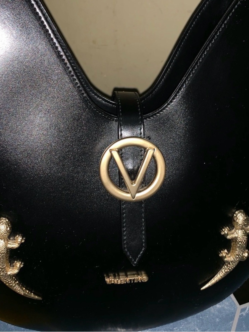 Valentino Black Leather Shoulder Bag with Gold V Medallion and Lizard Accents